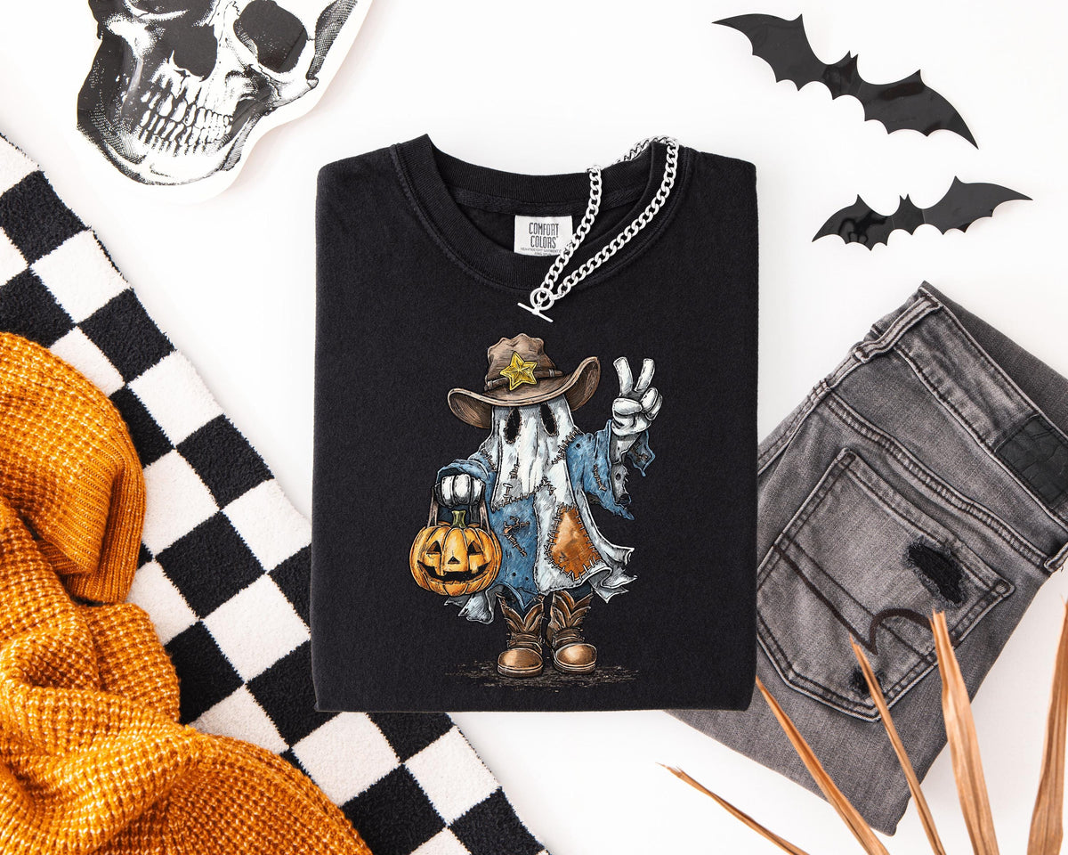 Sheriff Ghost Halloween Comfort Colors® Shirt, Boo Crew Pumpkin T-shirt, Spooky Western Tee, Spooky Vibes Gift, Boys Trip Halloween Crewneck