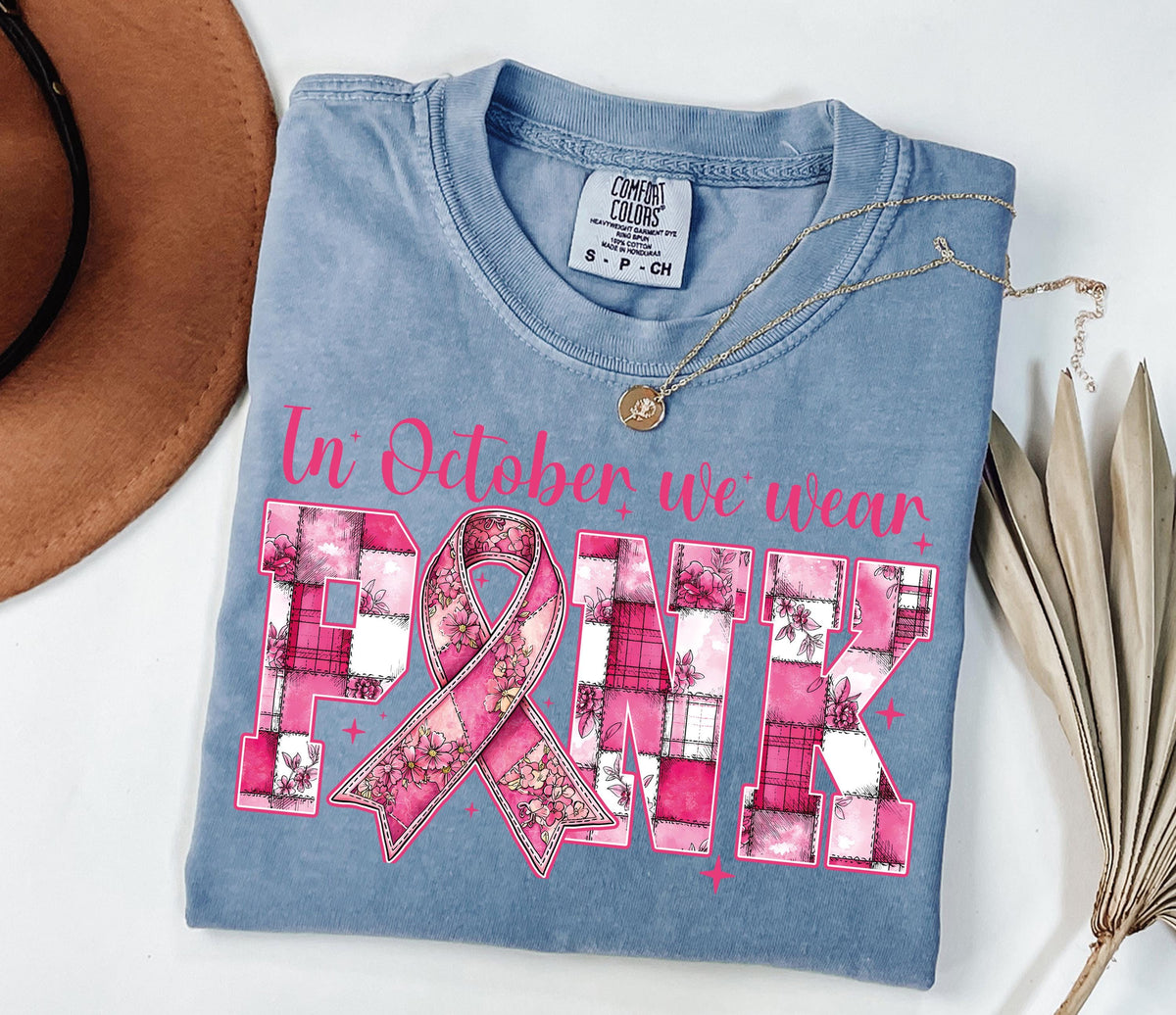 Comfort Colors® In October We Wear Pink Shirt, Floral Breast Cancer Support T-Shirt, Cancer Team Crewneck, Cancer Survivor Long Sleeve