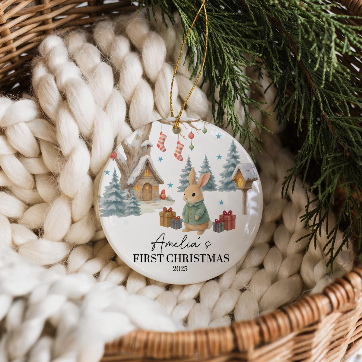 Custom Name Baby's First Christmas Ornament, Rabbit Design New Born Ceramic Xmas Keepsake