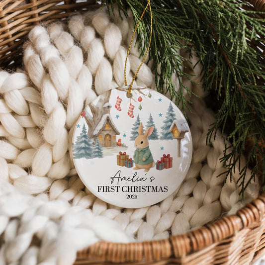 Custom Name Baby's First Christmas Ornament, Rabbit Design New Born Ceramic Xmas Keepsake