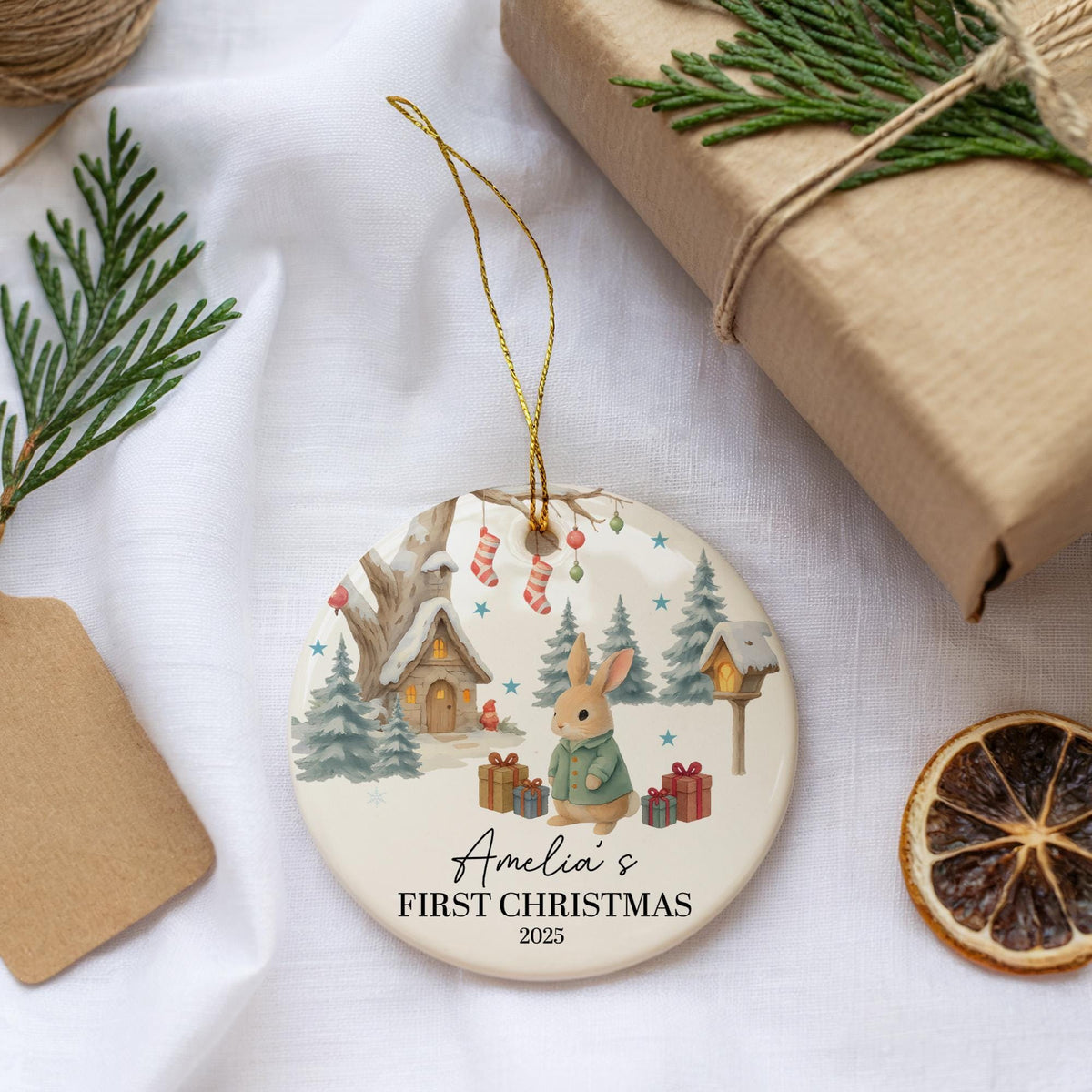 Custom Name Baby's First Christmas Ornament, Rabbit Design New Born Ceramic Xmas Keepsake
