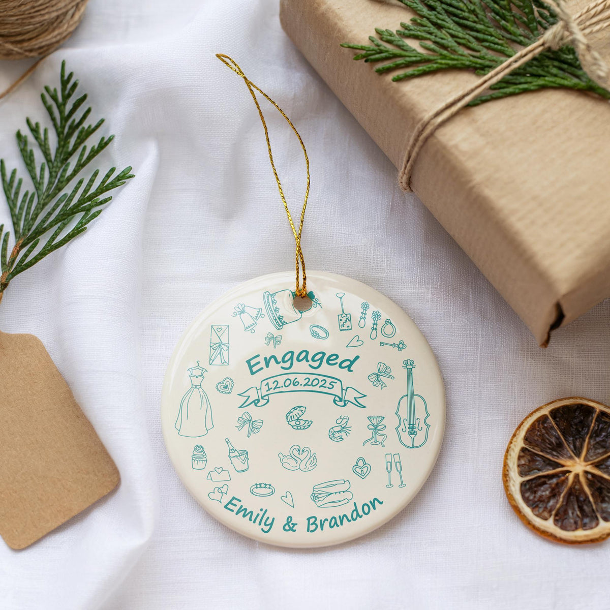Personalized Engaged Ceramic Ornament, Colorful Doodle Design Engagement Gift