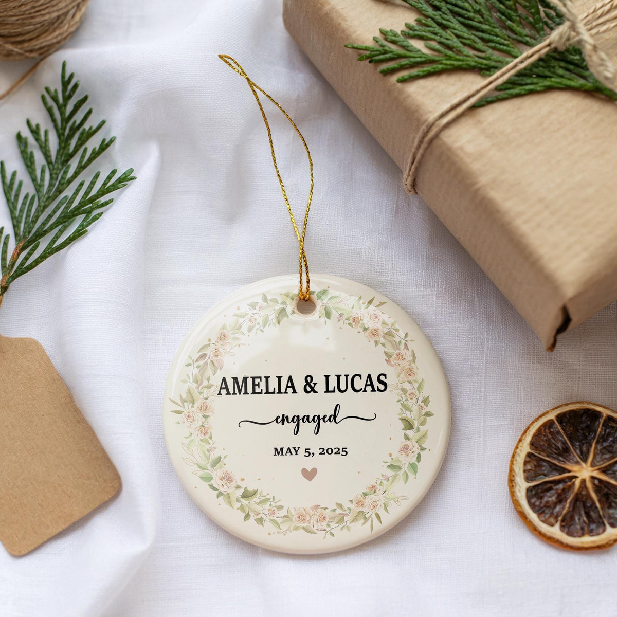 Custom Name And Date Engagement Ornament, Floral Ceramic Engaged Keepsake