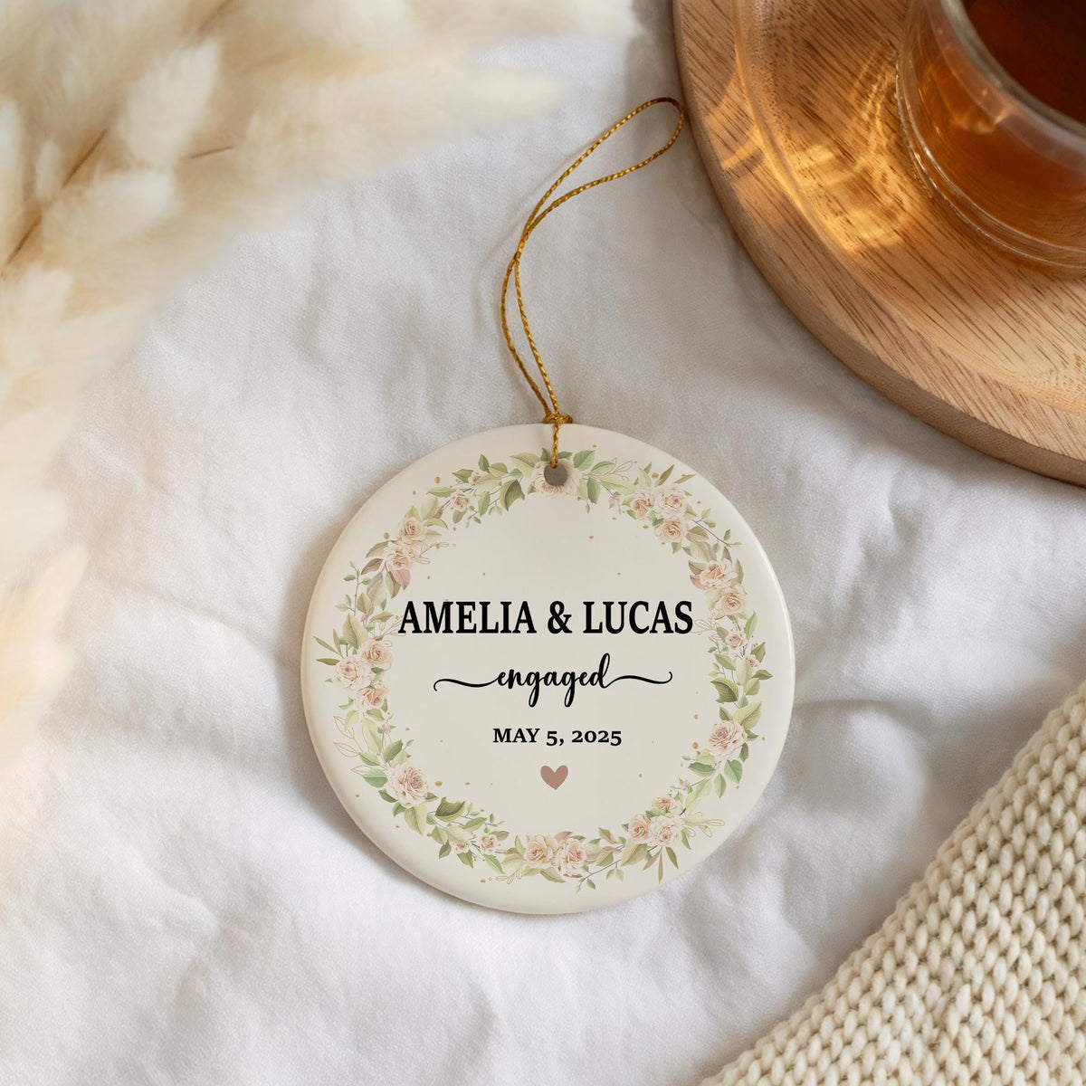 Custom Name And Date Engagement Ornament, Floral Ceramic Engaged Keepsake