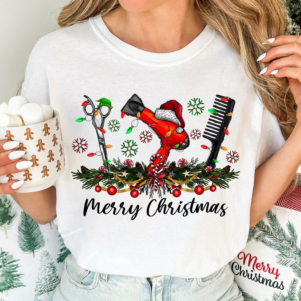 Comfort Colors® Hair Stylist Merry Christmas T-Shirt, Hair Salon Employees Xmas Holiday Matching Shirt, Christmas Theme Hair Tools Crewneck