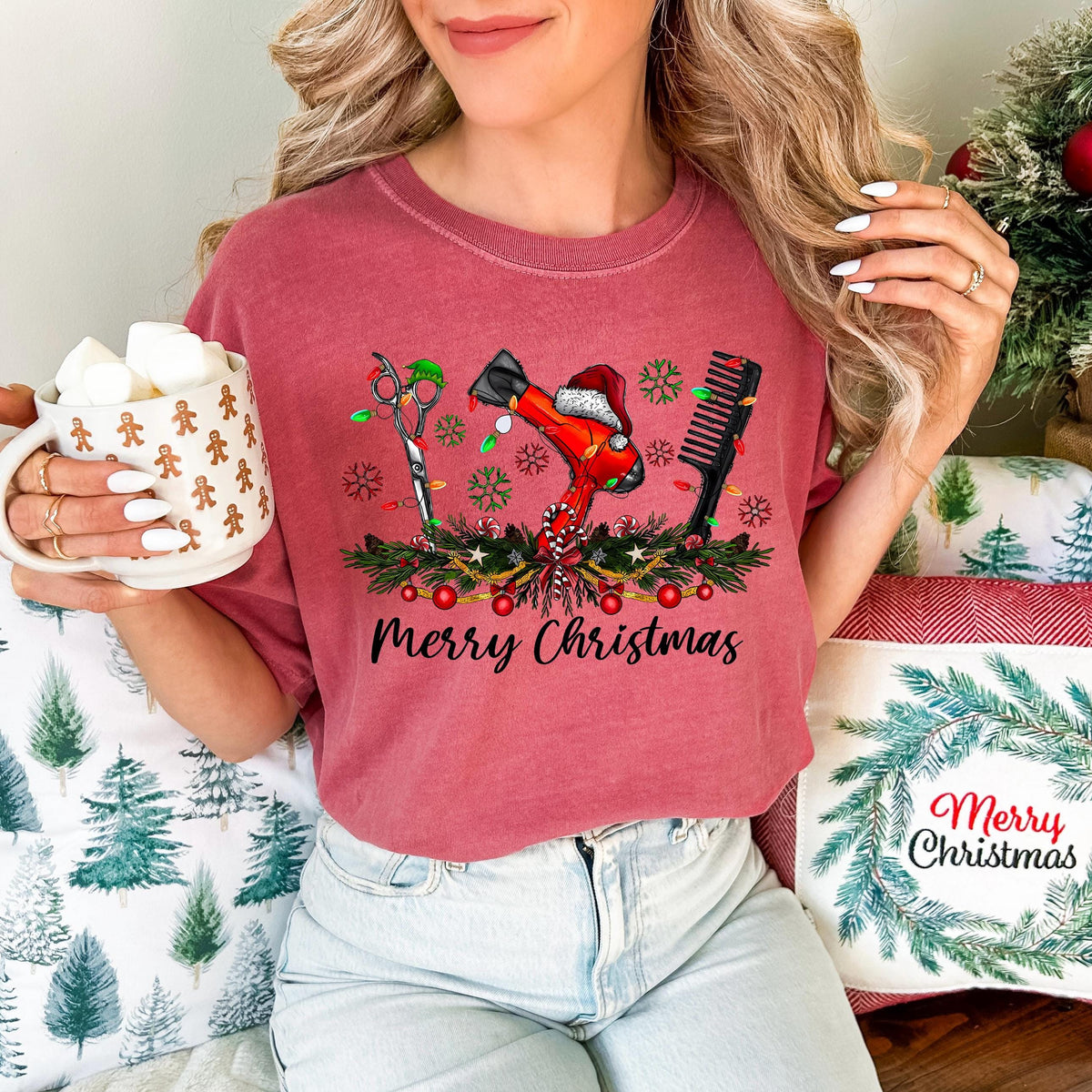 Comfort Colors® Hair Stylist Merry Christmas T-Shirt, Hair Salon Employees Xmas Holiday Matching Shirt, Christmas Theme Hair Tools Crewneck
