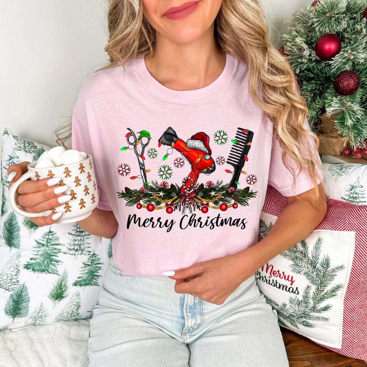 Comfort Colors® Hair Stylist Merry Christmas T-Shirt, Hair Salon Employees Xmas Holiday Matching Shirt, Christmas Theme Hair Tools Crewneck