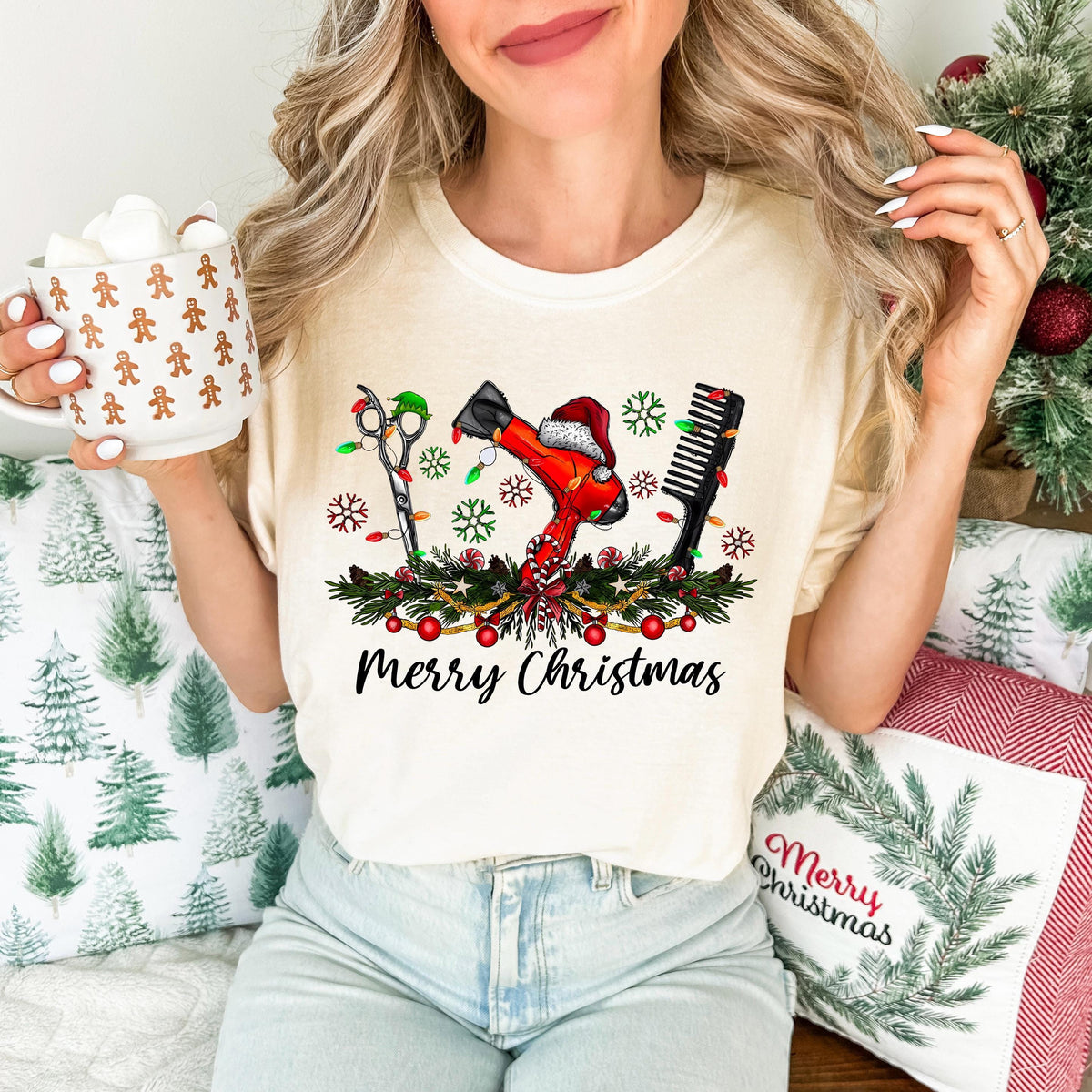 Comfort Colors® Hair Stylist Merry Christmas T-Shirt, Hair Salon Employees Xmas Holiday Matching Shirt, Christmas Theme Hair Tools Crewneck