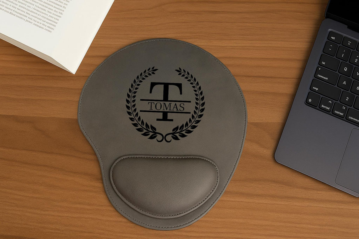 Custom Name Vegan Leather Mouse Pad, Floral Laser Engraved Desk Decor