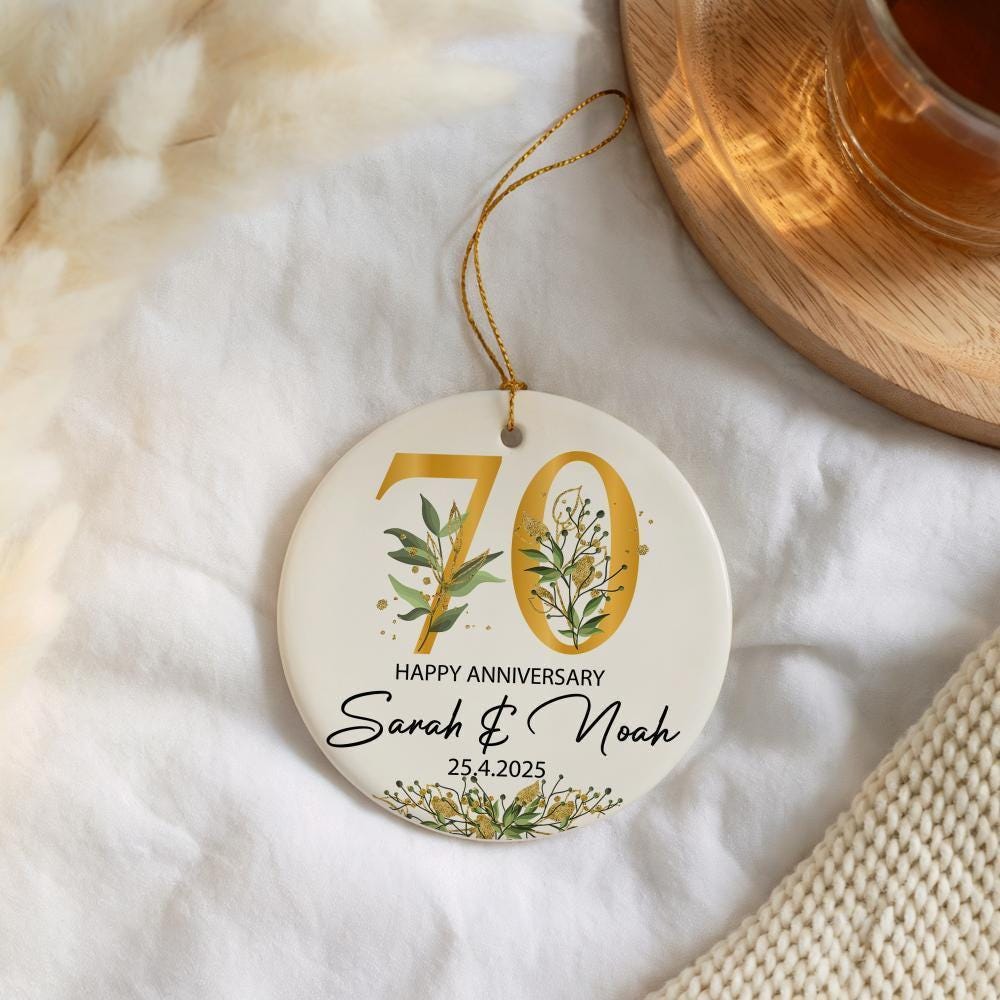 Customizable Happy Anniversary Ornament, Floral Wedding Date Celebration Gift