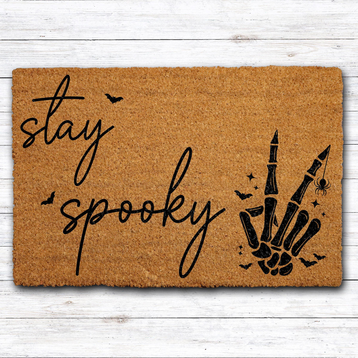 Stay Spooky Doormat, Funny Halloween Welcome Mat, Skeleton Peace Sign Entrance Rug