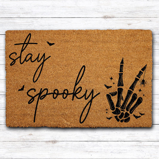 Stay Spooky Doormat, Funny Halloween Welcome Mat, Skeleton Peace Sign Entrance Rug