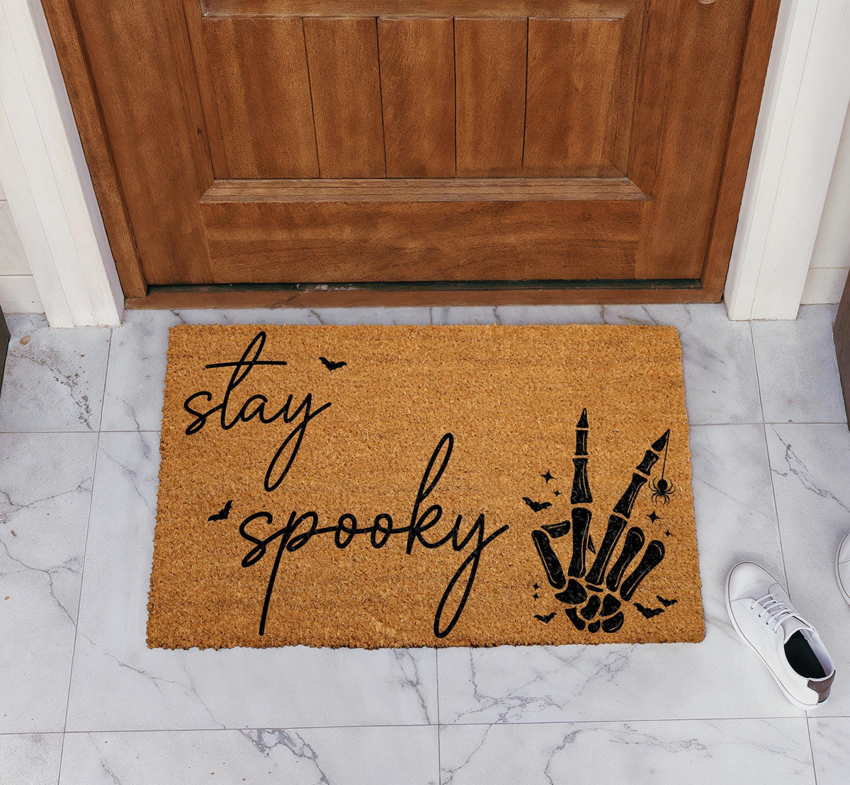 Stay Spooky Doormat, Funny Halloween Welcome Mat, Skeleton Peace Sign Entrance Rug