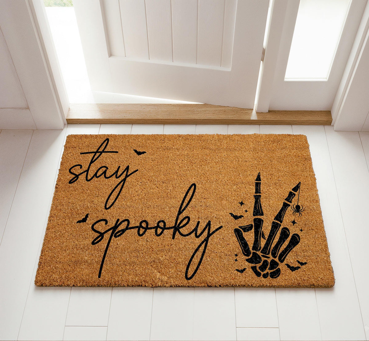 Stay Spooky Doormat, Funny Halloween Welcome Mat, Skeleton Peace Sign Entrance Rug