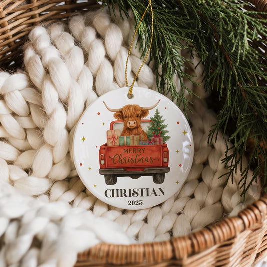 Personalized Highland Cow Christmas Ornament, Red Truck Design Ceramic Keepsake
