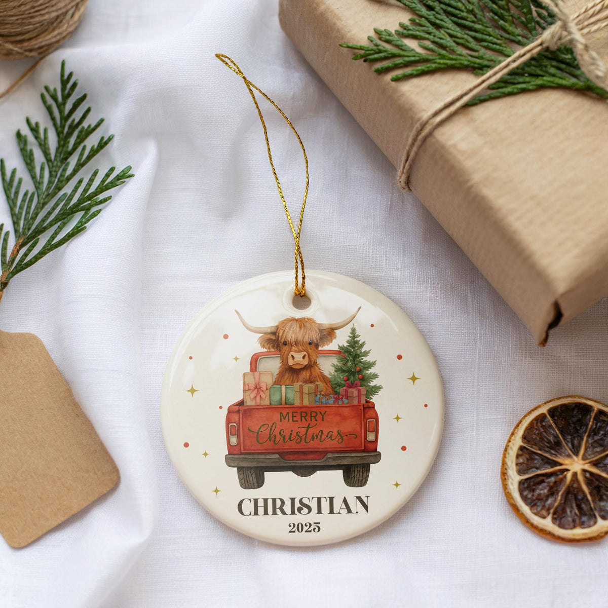 Personalized Highland Cow Christmas Ornament, Red Truck Design Ceramic Keepsake
