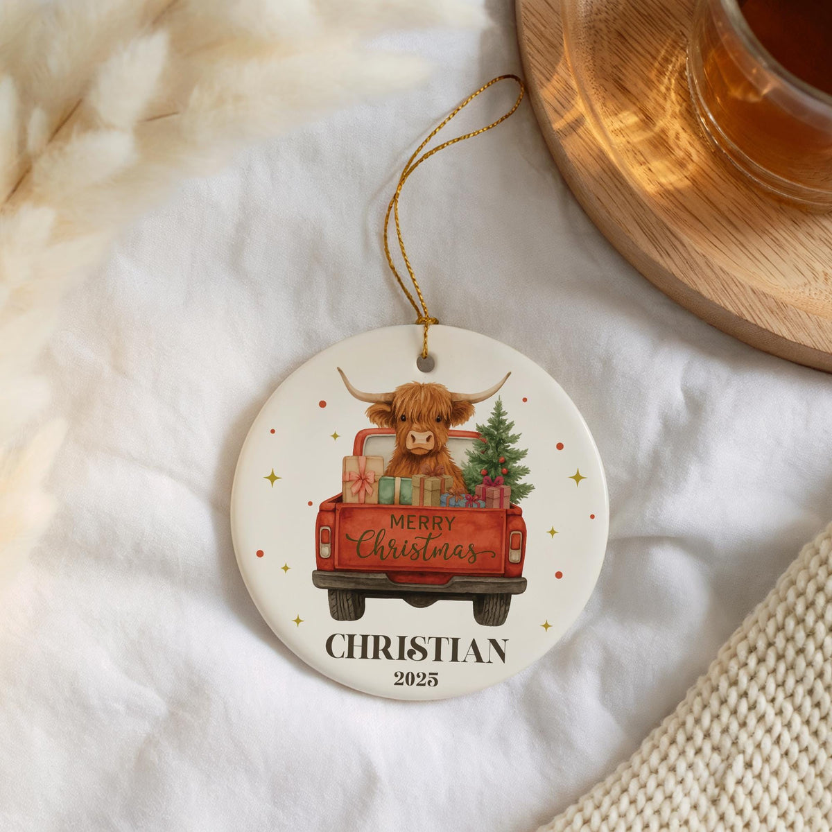 Personalized Highland Cow Christmas Ornament, Red Truck Design Ceramic Keepsake