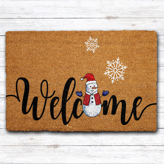 Snowman Welcome Doormat, Winter SnowFlake Door Mat, Holiday Front Porch Rug