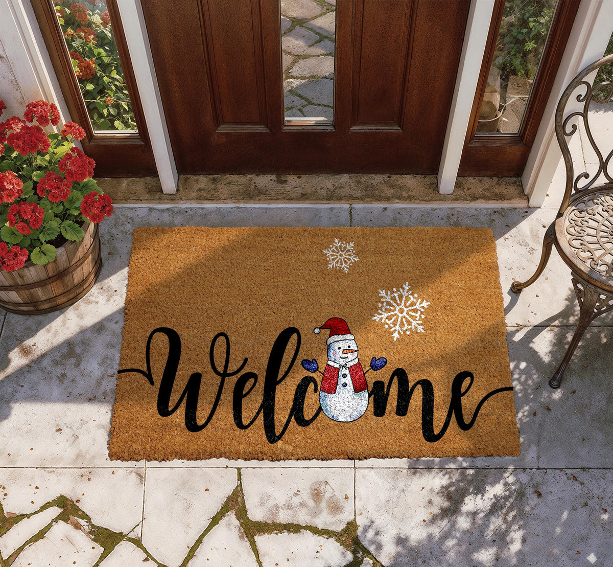 Snowman Welcome Doormat, Winter SnowFlake Door Mat, Holiday Front Porch Rug