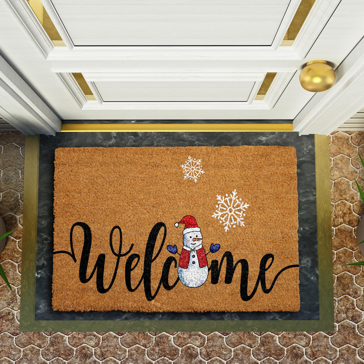 Snowman Welcome Doormat, Winter SnowFlake Door Mat, Holiday Front Porch Rug