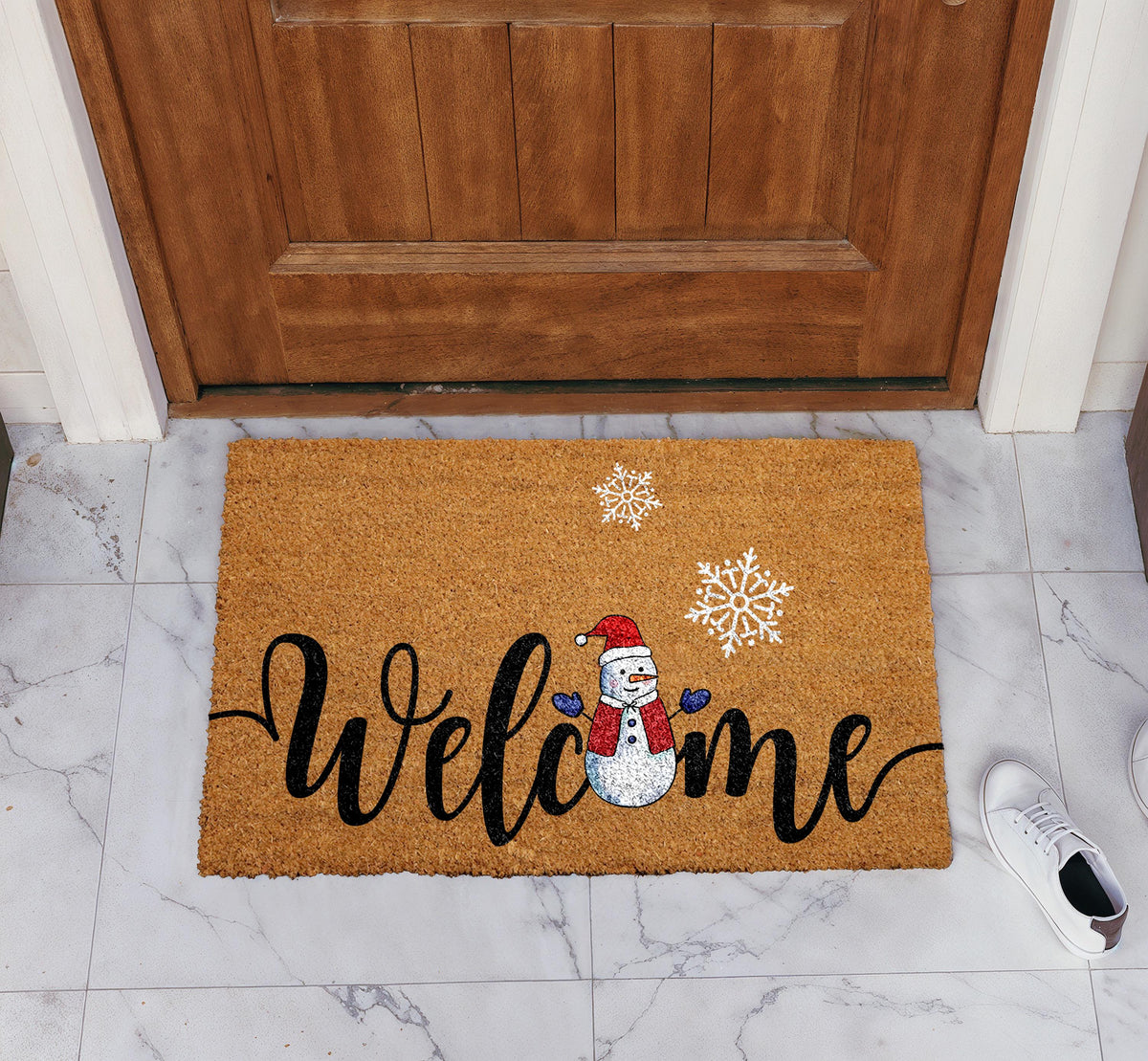 Snowman Welcome Doormat, Winter SnowFlake Door Mat, Holiday Front Porch Rug