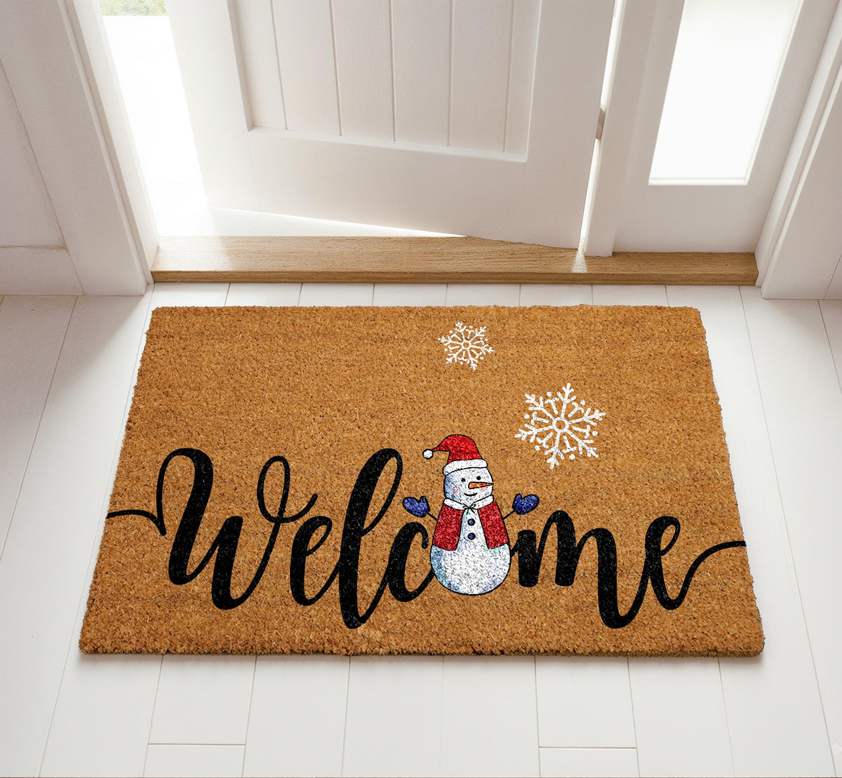 Snowman Welcome Doormat, Winter SnowFlake Door Mat, Holiday Front Porch Rug