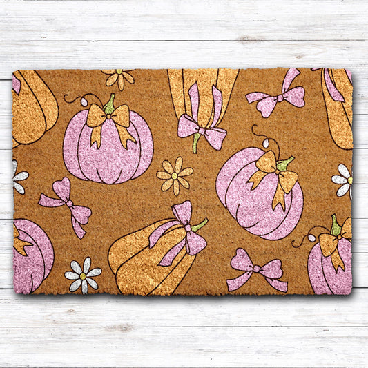Pink and Gold Pumpkin Doormat, Thanksgiving Welcome Mat, Cute Fall Home Decor