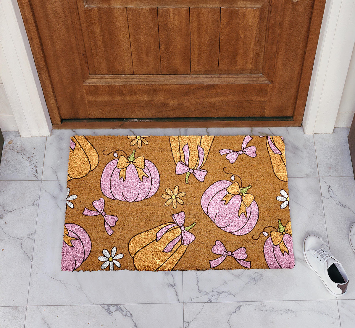 Pink and Gold Pumpkin Doormat, Thanksgiving Welcome Mat, Cute Fall Home Decor