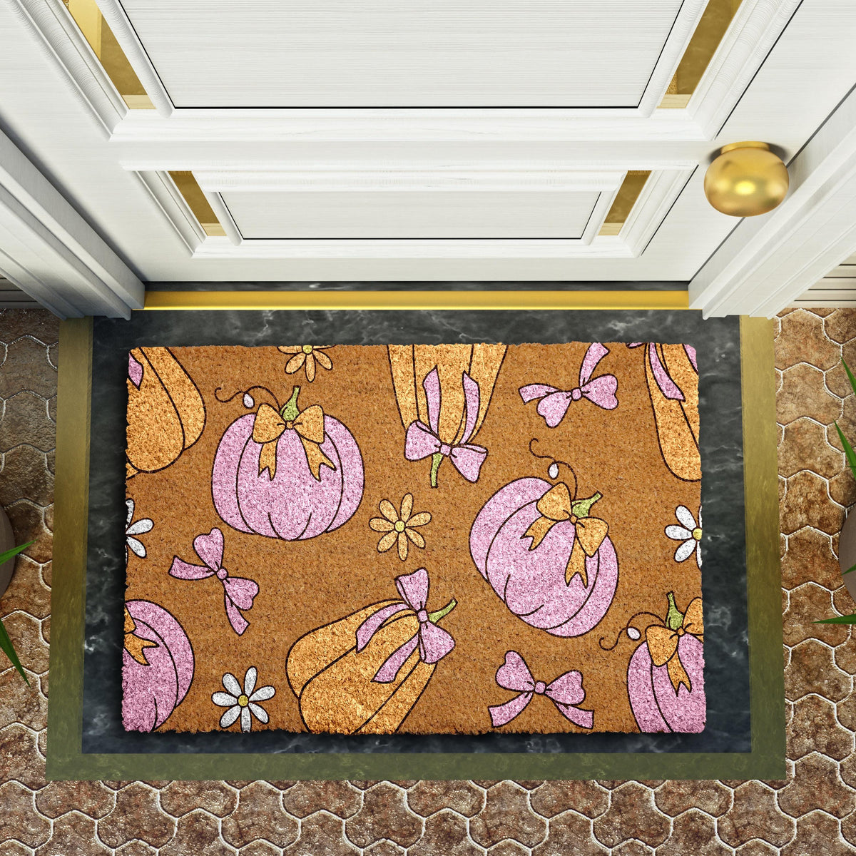 Pink and Gold Pumpkin Doormat, Thanksgiving Welcome Mat, Cute Fall Home Decor