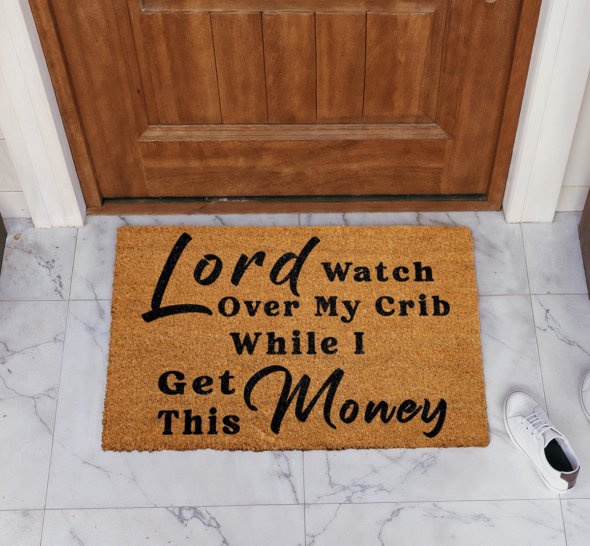 Lord Watch Over My Crib While I Get This Money Doormat, Funny Rapper Front Porch Rug