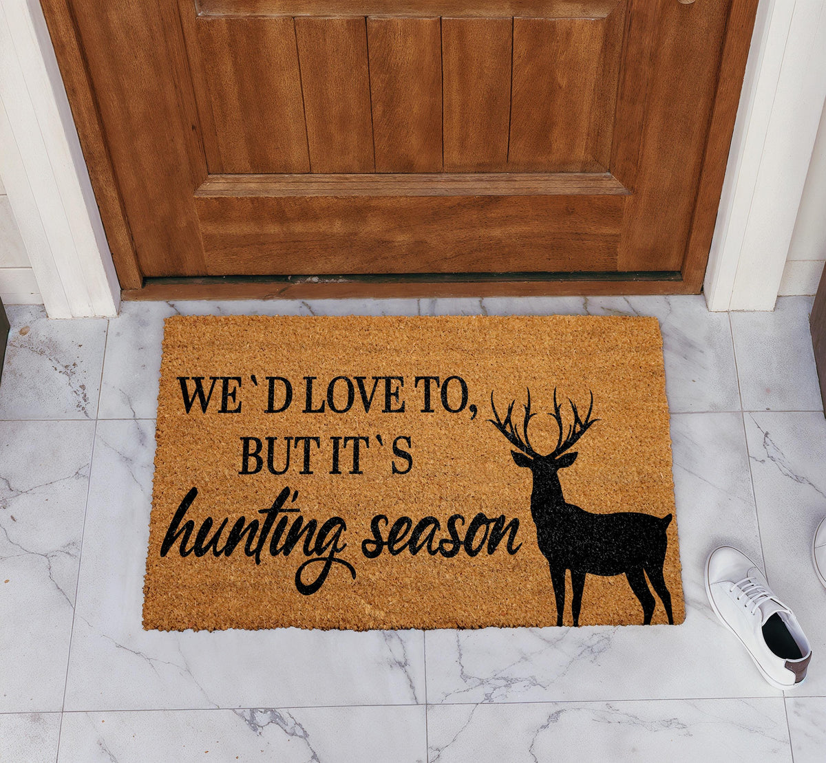 We'd Love To But It's Hunting Season Doormat, Hunting Lodge Welcome Mat