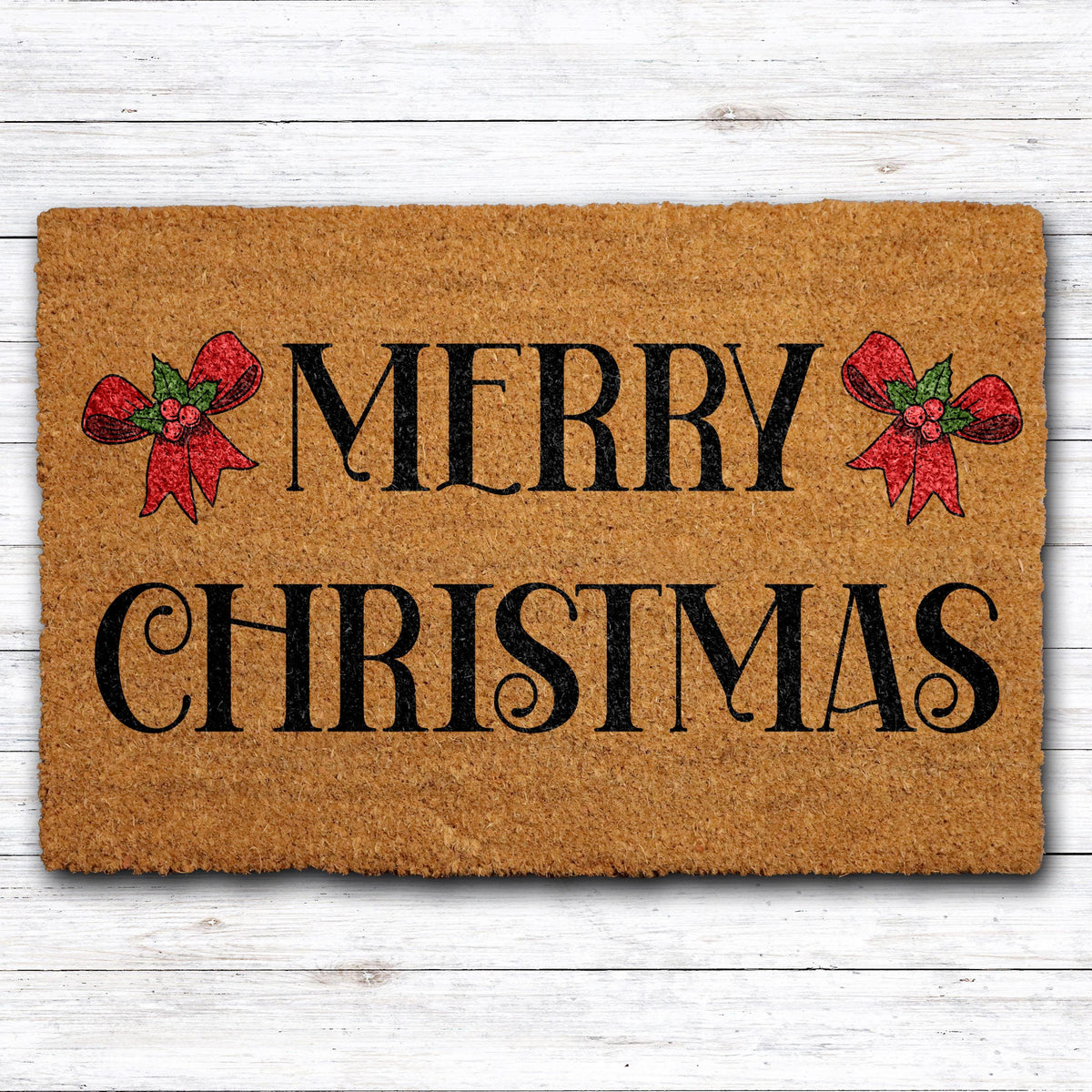 Doormat with "Merry Christmas" lettering and two red bows