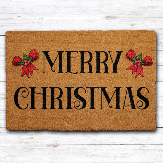 Doormat with "Merry Christmas" lettering and two red bows