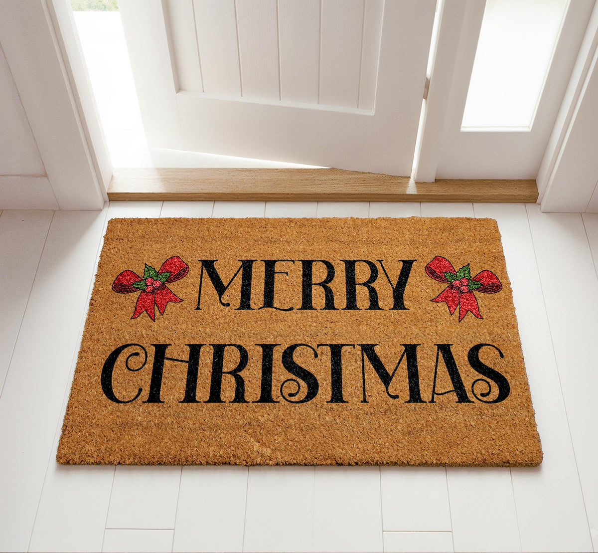 Doormat with "Merry Christmas" lettering and two red bows
