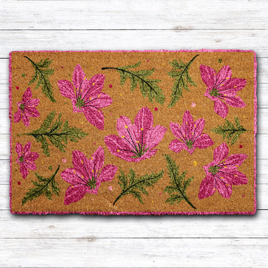 Pink Floral Pattern Welcome Mat, Tropical Flower Doormat, Spring Home Entrance Decor