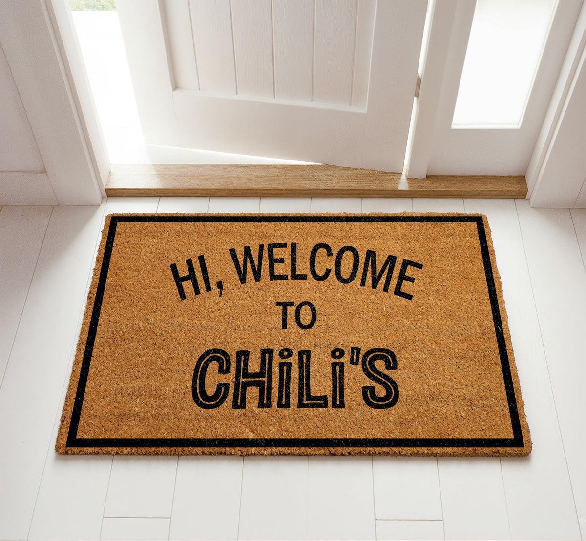Hi Welcome to Chili's Doormat, Funny Chilis Welcome Mat, Humorous Meme Home Entrance Rug