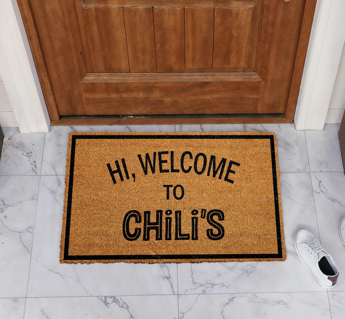 Hi Welcome to Chili's Doormat, Funny Chilis Welcome Mat, Humorous Meme Home Entrance Rug