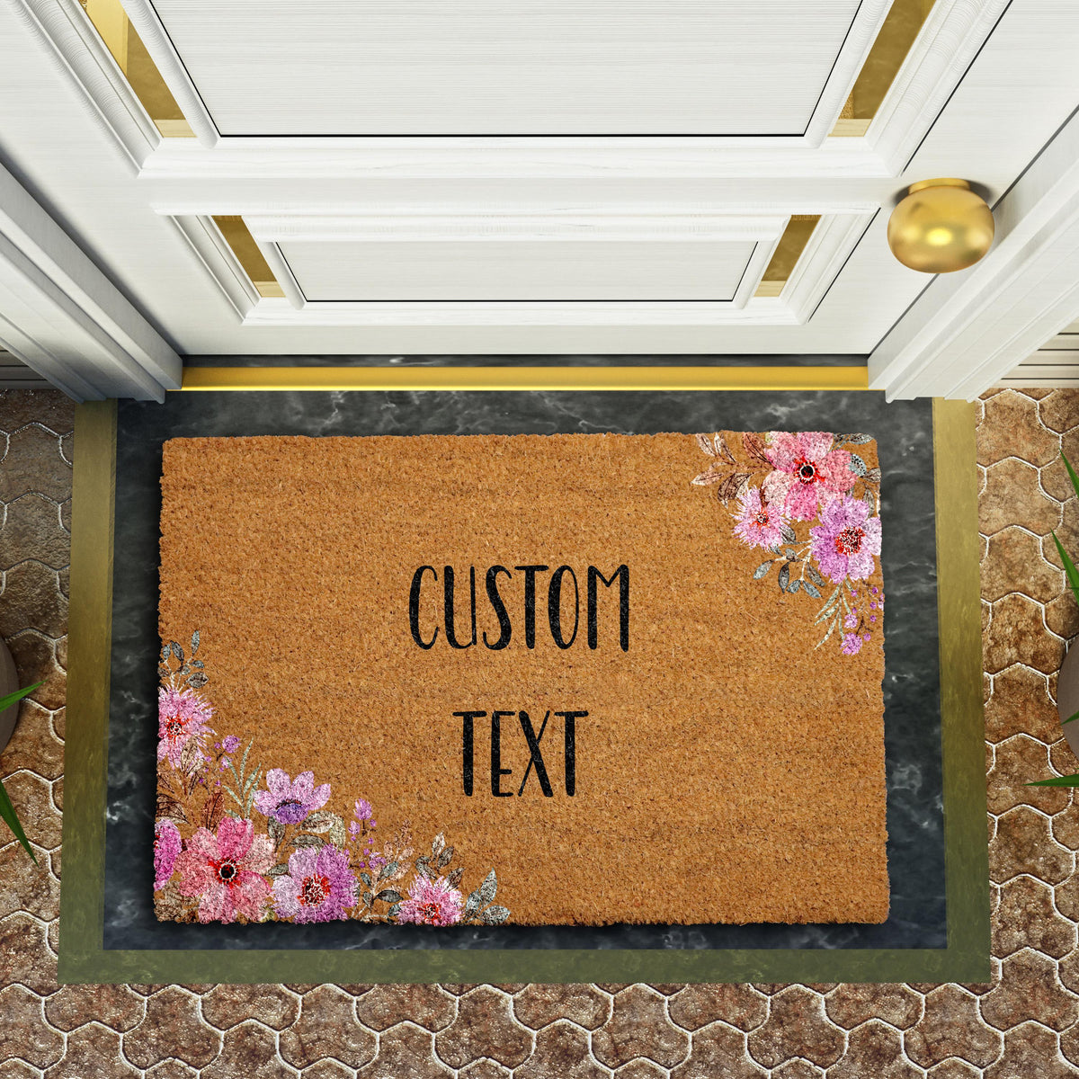 Floral Custom Text Doormat, Personalized Welcome Mat, Boho Flowers Front Porch Decor