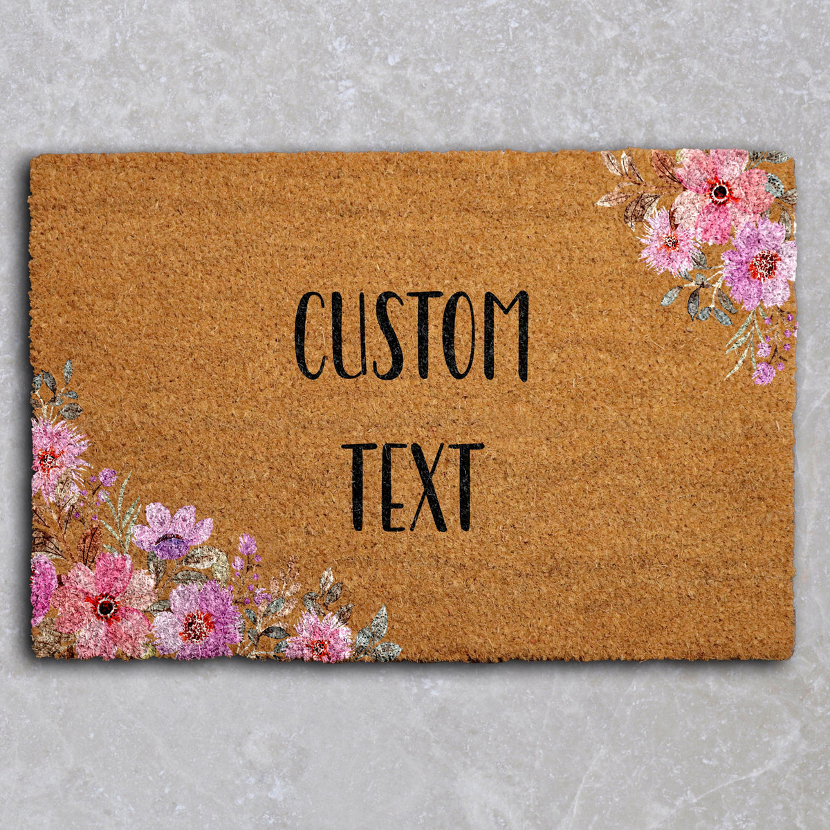 Floral Custom Text Doormat, Personalized Welcome Mat, Boho Flowers Front Porch Decor