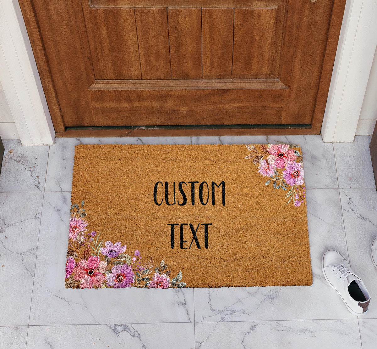 Floral Custom Text Doormat, Personalized Welcome Mat, Boho Flowers Front Porch Decor