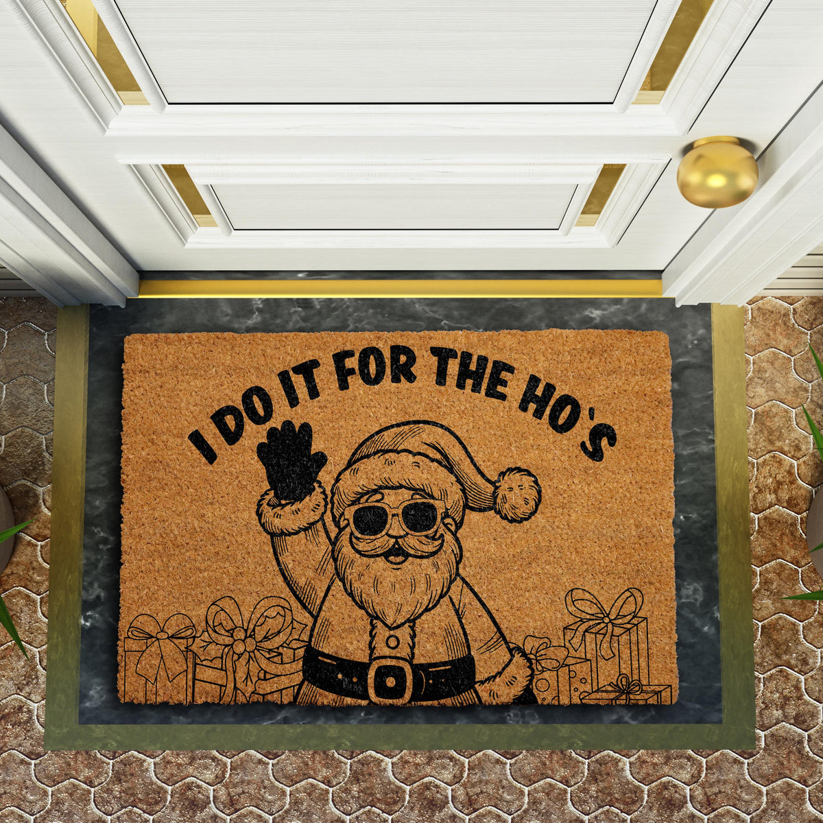 Doormat with Santa in sunglasses and "I do it for the ho’s" lettering
