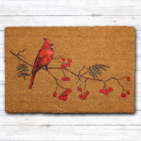 Red Cardinal Doormat, Christmas Front Porch Mat, Red Bird and Berries Branch Welcome Mat