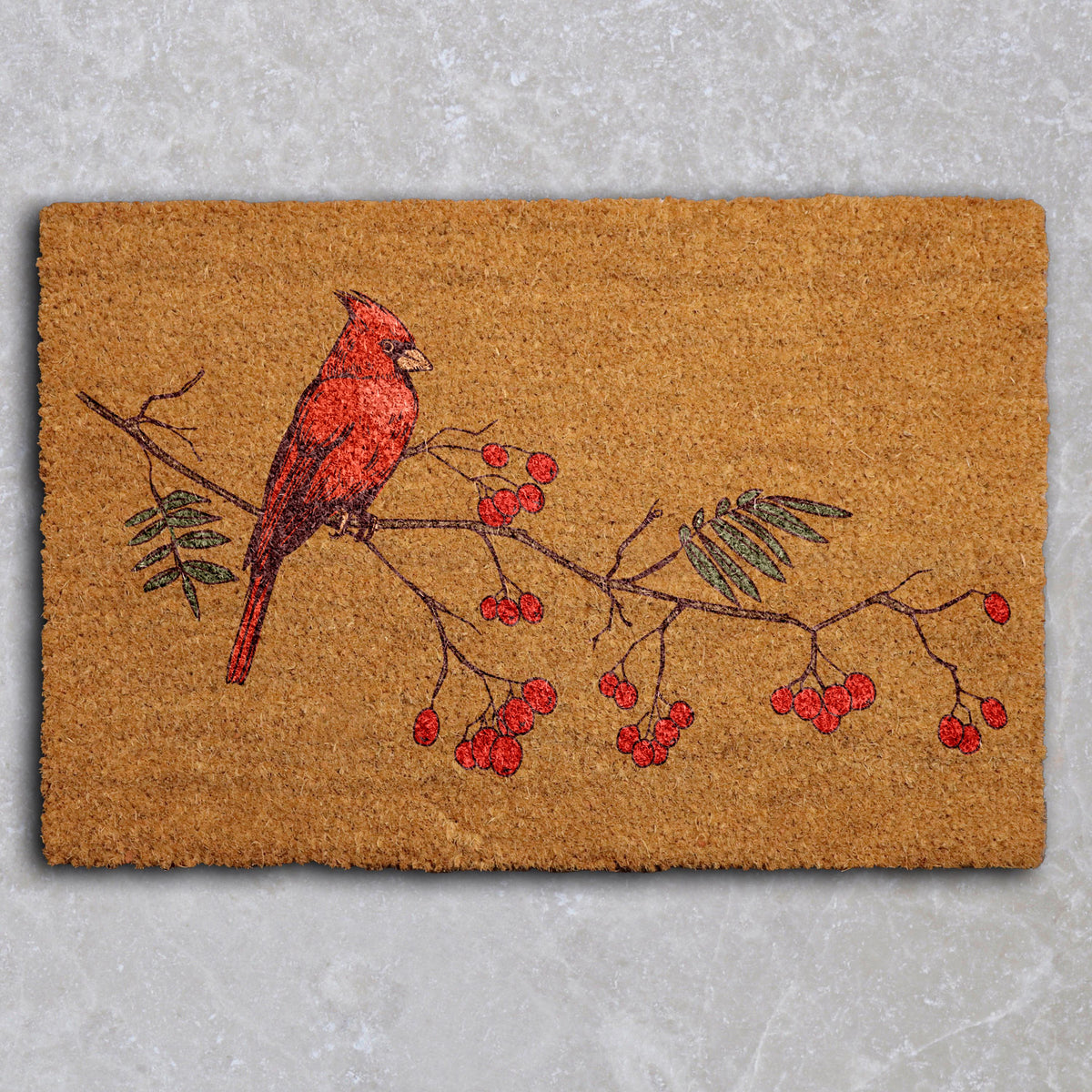 Red Cardinal Doormat, Christmas Front Porch Mat, Red Bird and Berries Branch Welcome Mat