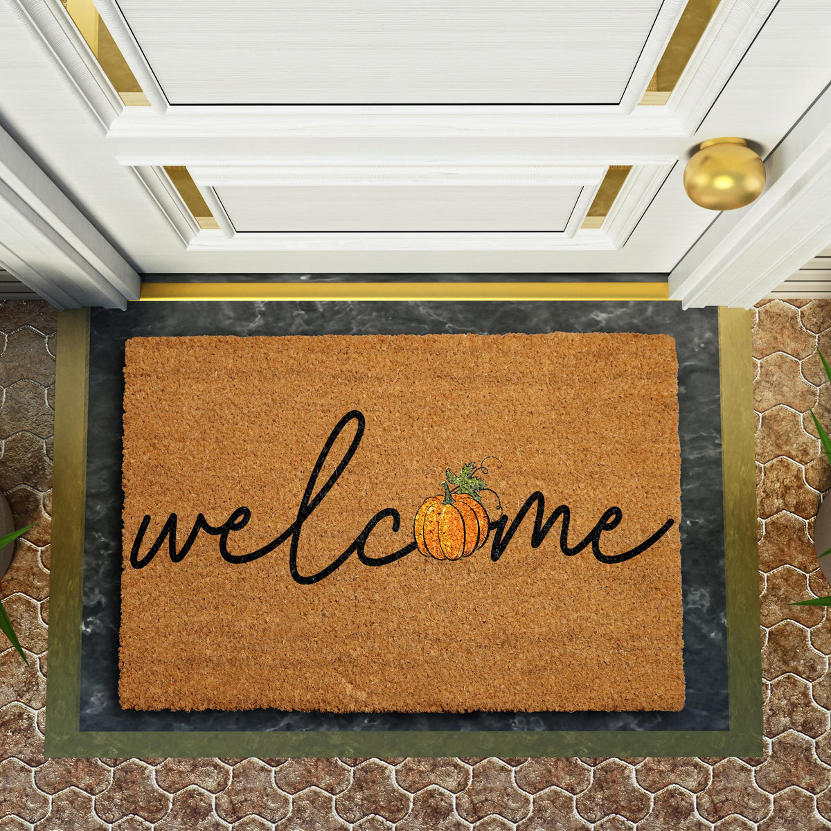 Welcome Pumpkin Doormat, Fall Housewarming Gift, Thanksgiving Front Porch Decor