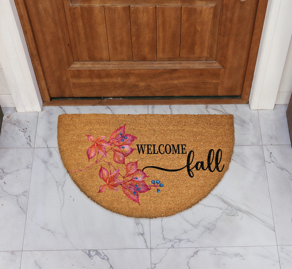 Welcome Fall Doormat, Autumn Leaves & Berries Welcome Mat, Cozy Fall Front Porch Rug