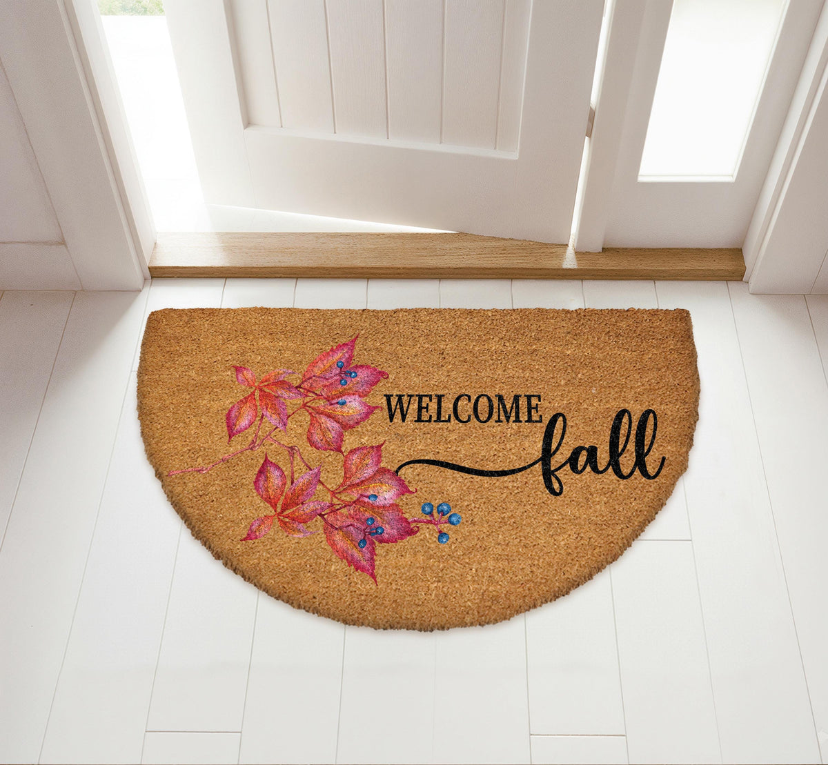 Welcome Fall Doormat, Autumn Leaves & Berries Welcome Mat, Cozy Fall Front Porch Rug