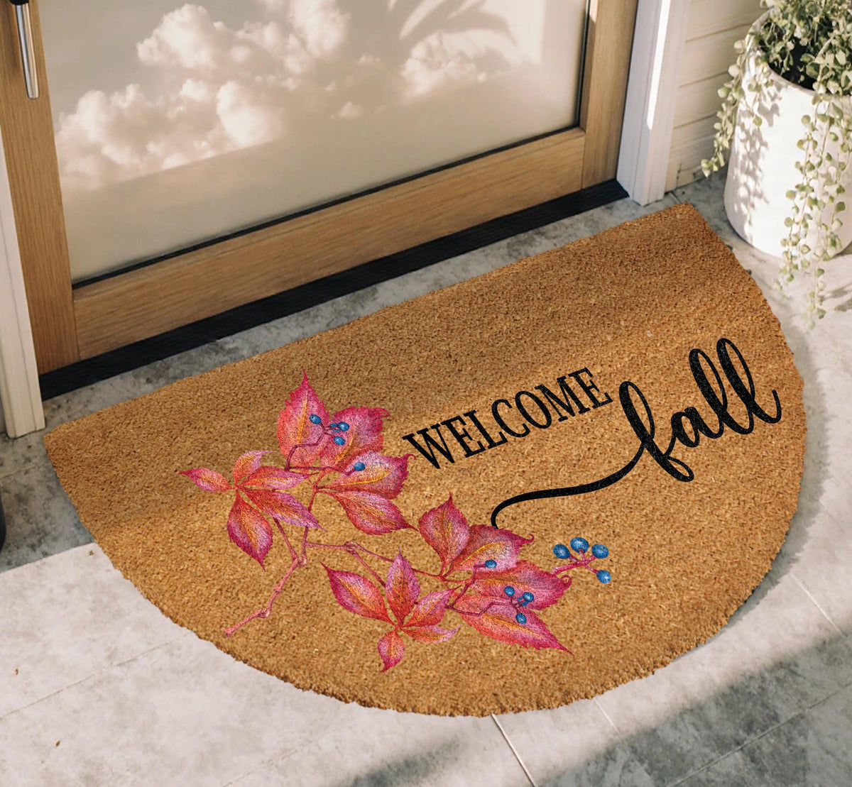 Welcome Fall Doormat, Autumn Leaves & Berries Welcome Mat, Cozy Fall Front Porch Rug