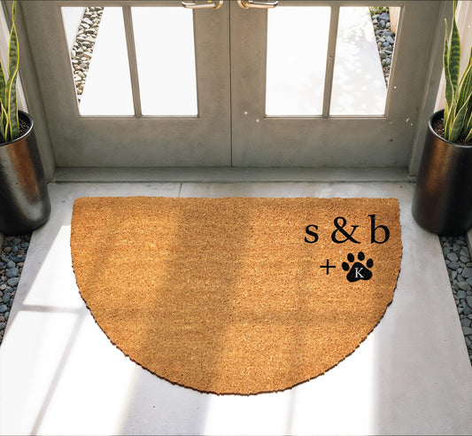 Custom Couple & Pet Doormat, Personalized Initials and Paw Prints Welcome Mat