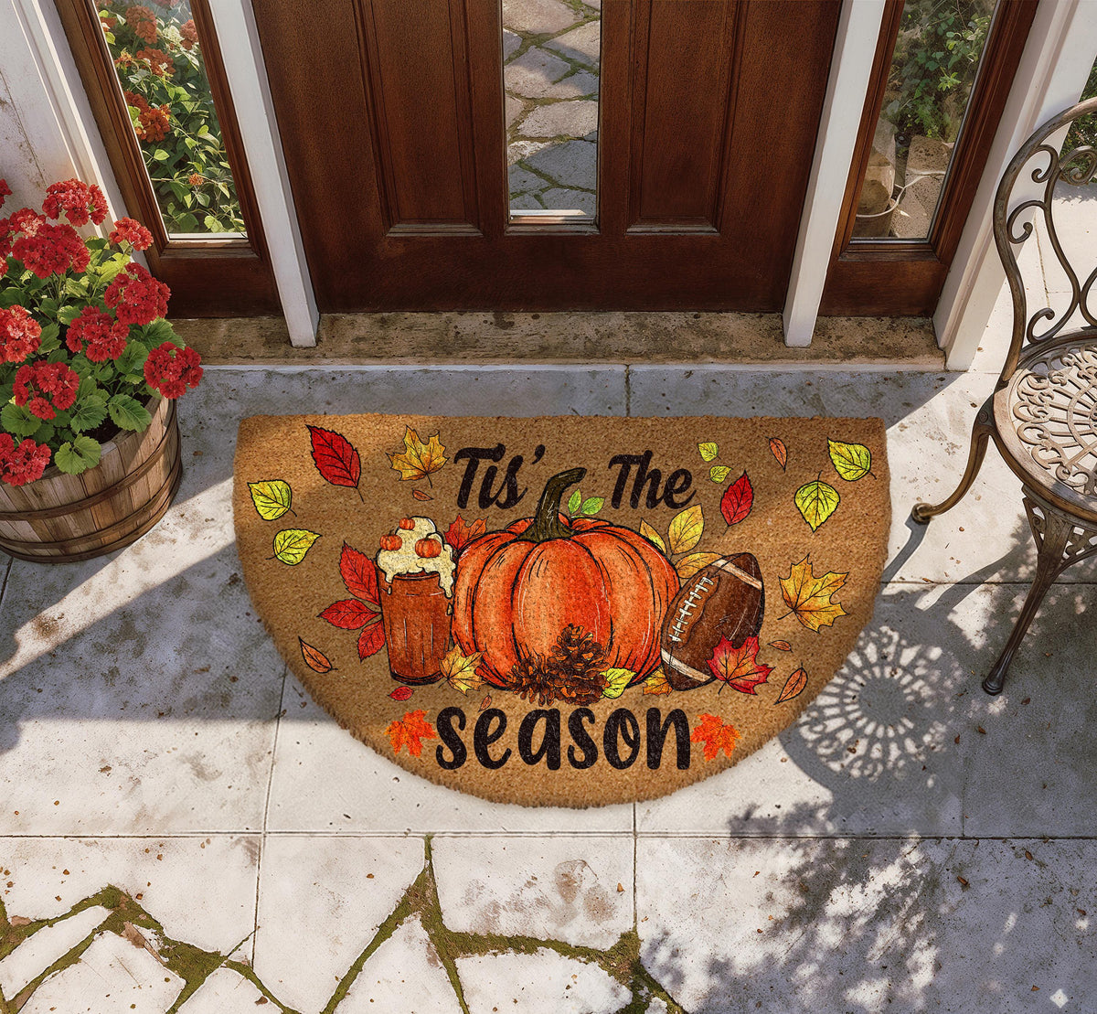 Fall Season Doormat, Pumpkin Spice Latte Football Welcome Mat, Thanksgiving Home Decor