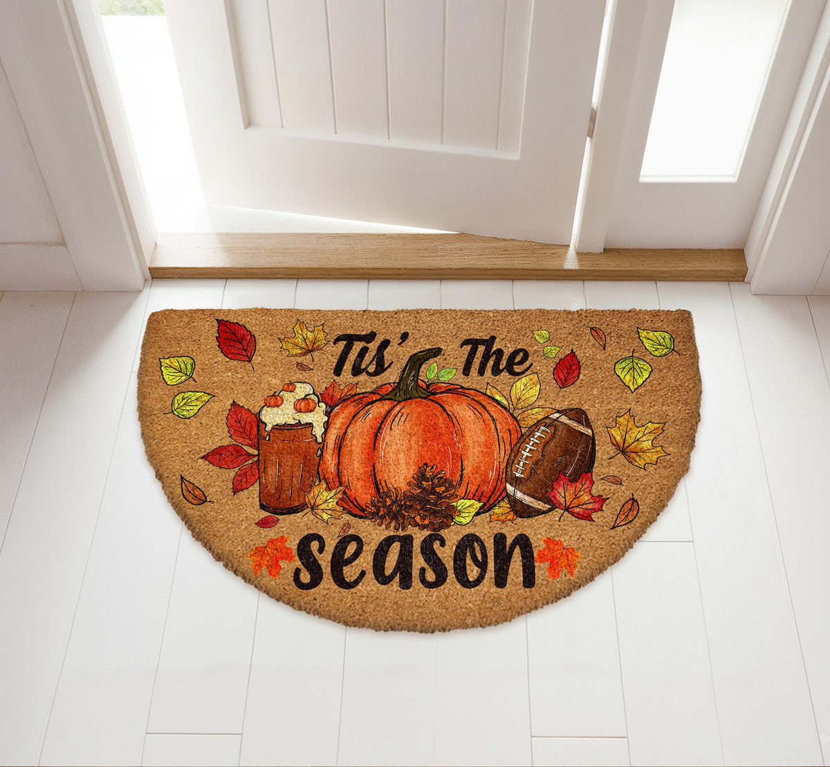 Fall Season Doormat, Pumpkin Spice Latte Football Welcome Mat, Thanksgiving Home Decor